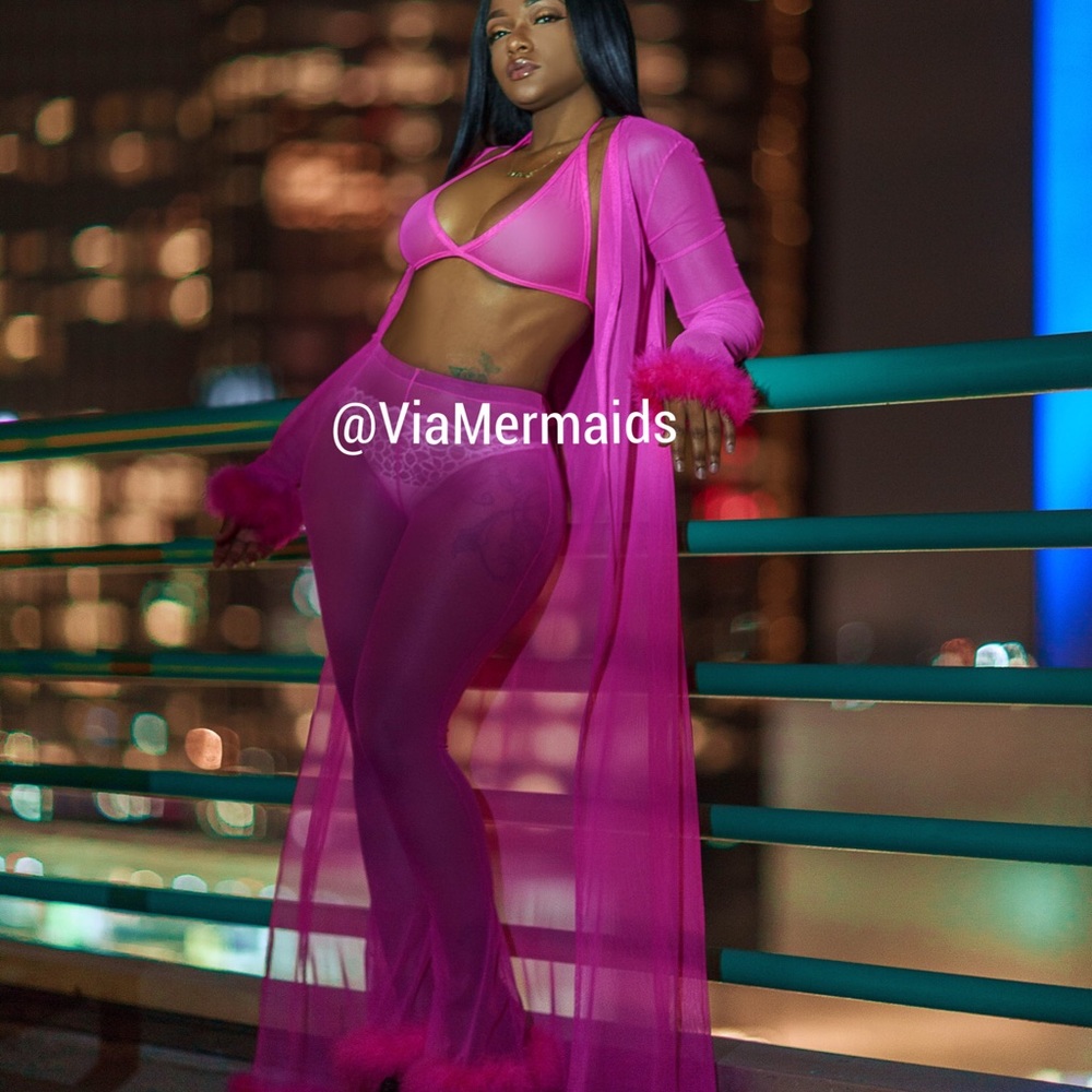 Fuchsia pink boa fur pants and triangle bra